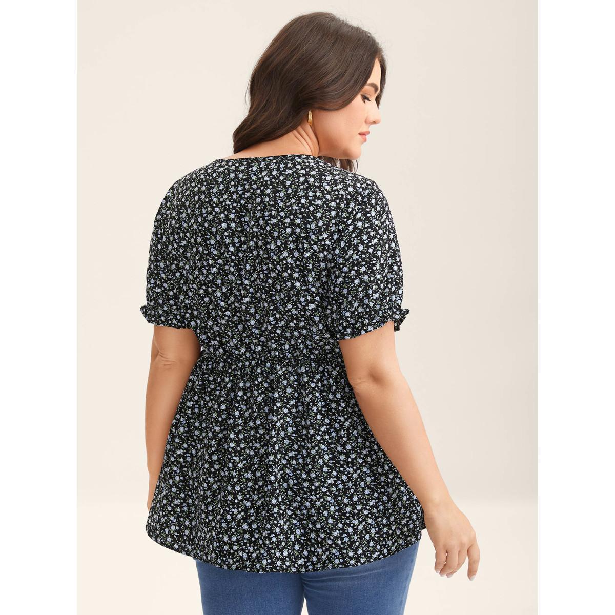 Plus Size Black Ditsy Floral Print Bow-Tie Blouse Women Short sleeve Round Neck Everyday-Elegant Blouses BloomChic 14-16/1X Product Image