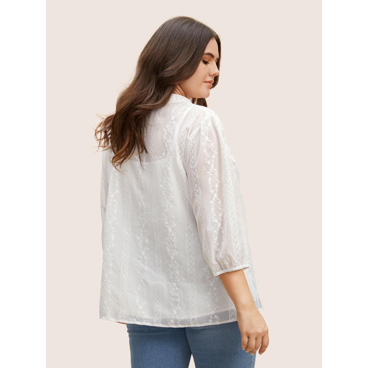 Plus Size Originalwhite Texture Mesh Button Detail Tucked Seam Blouse Women Elegant Elbow-length sleeve V-neck Everyday Blouses BloomChic 12/L Product Image