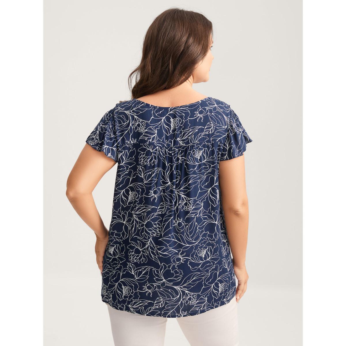 Plus Size DarkBlue Floral Abstract Print Ruffled Blouse Women Short sleeve V-neck Everyday-Elegant Blouses BloomChic 14-16/1X Product Image