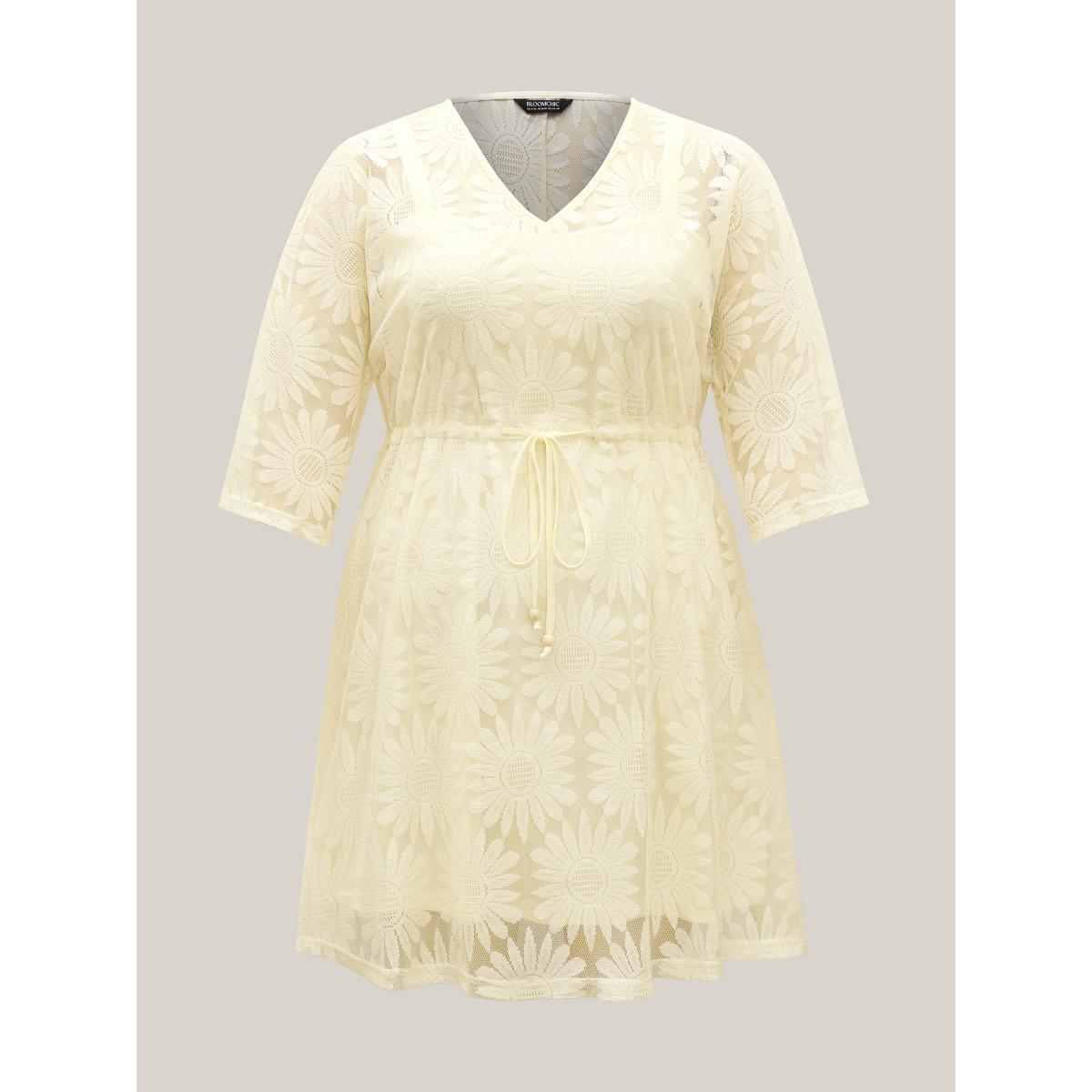 Plus Size Woven Tied Two-Piece Sheer Midi Dress Apricot Women Drawstring V-neck Half Sleeve Curvy BloomChic 10/M Product Image