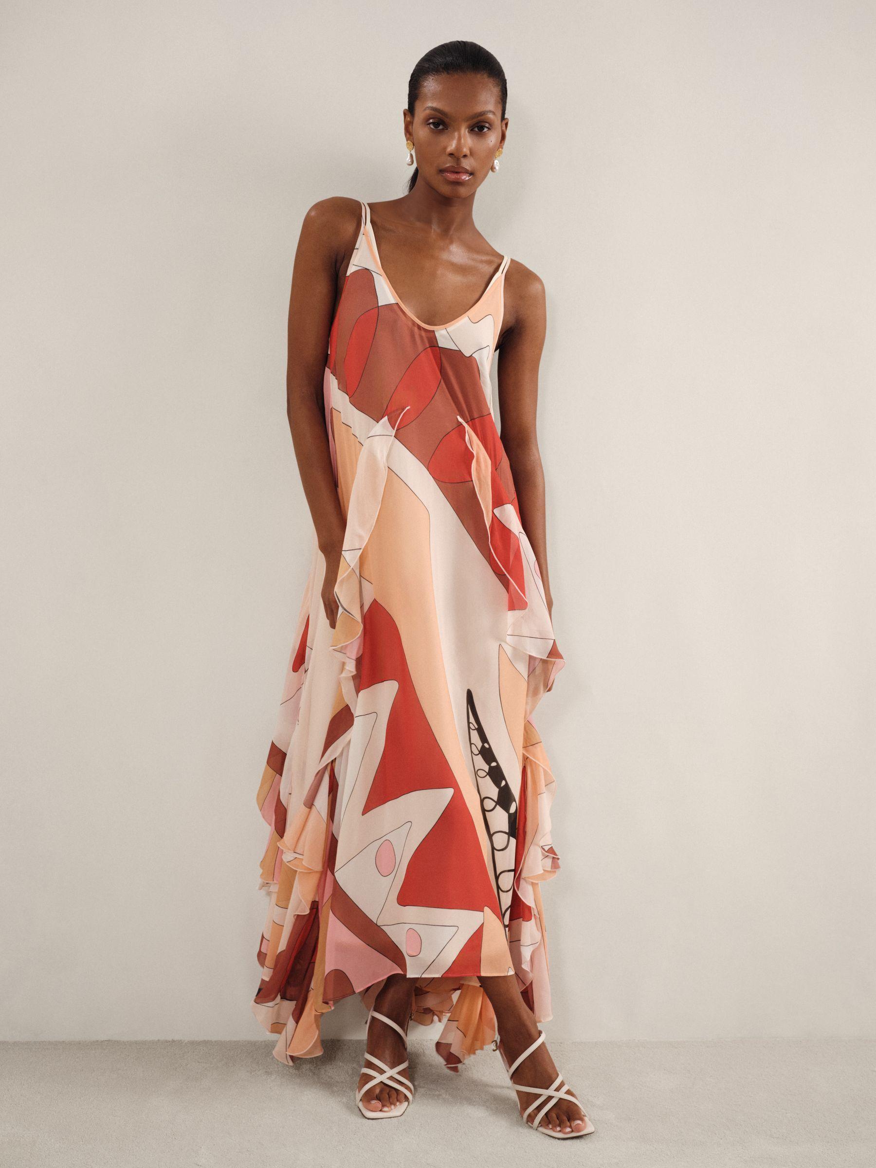 Printed Ruffle Trim Maxi Dress in Cream/Red Product Image
