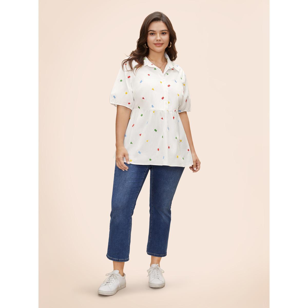 Plus Size Multicolor Cotton Geometric Embroidery Tunic Blouse Women Casual Short sleeve Shirt collar Everyday Blouses BloomChic 10/M Product Image