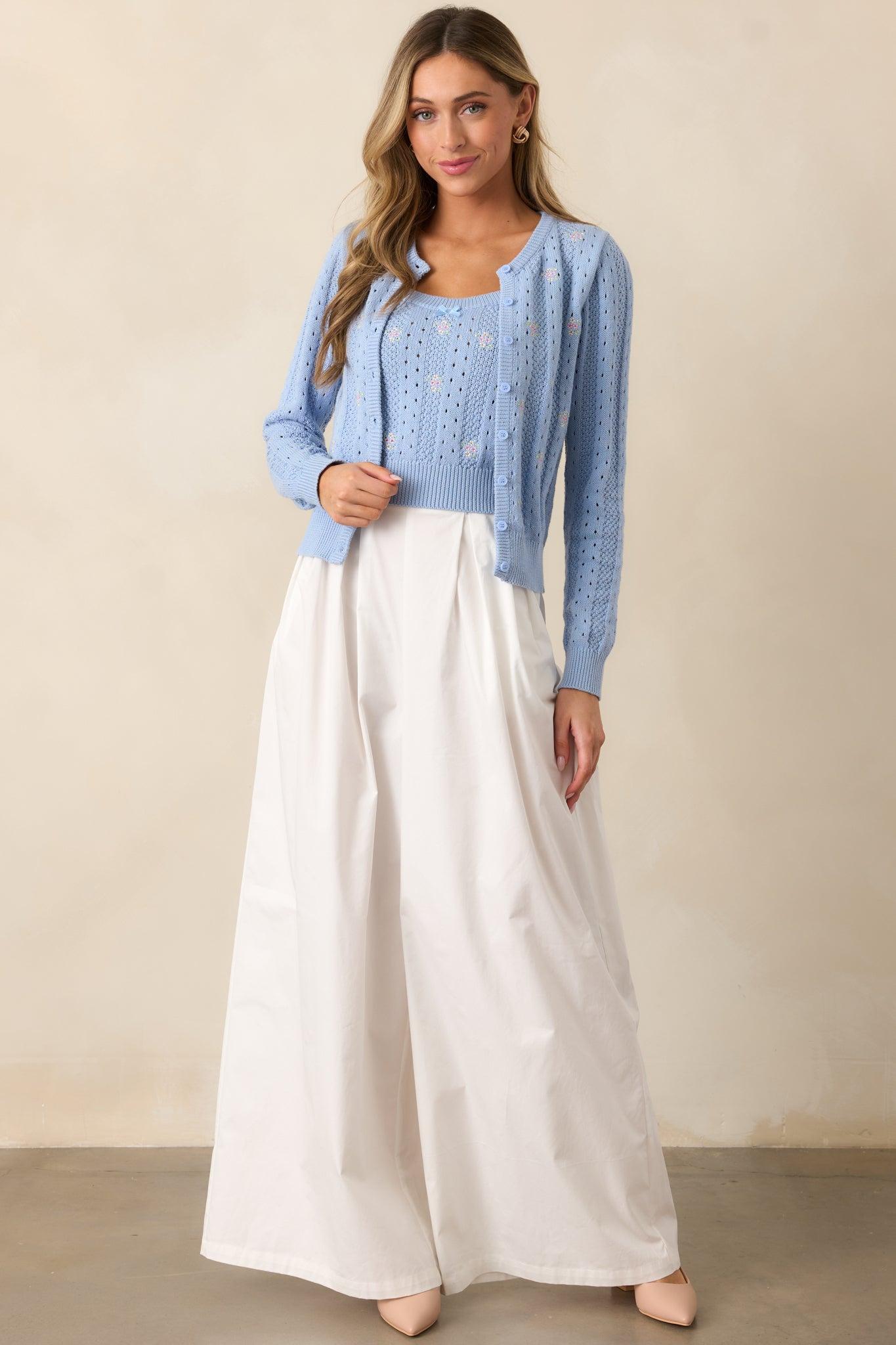 Under the Hibiscus Cotton Sky Blue Knit Floral Embroidered Tank Top Product Image