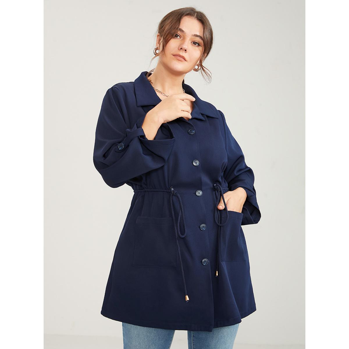 Plus Size Solid Pocket Button Up Cuffed Sleeve Drawstring Coat Women Navy Elegant Pocket Ladies Dailywear Winter Coats BloomChic 10/M Product Image