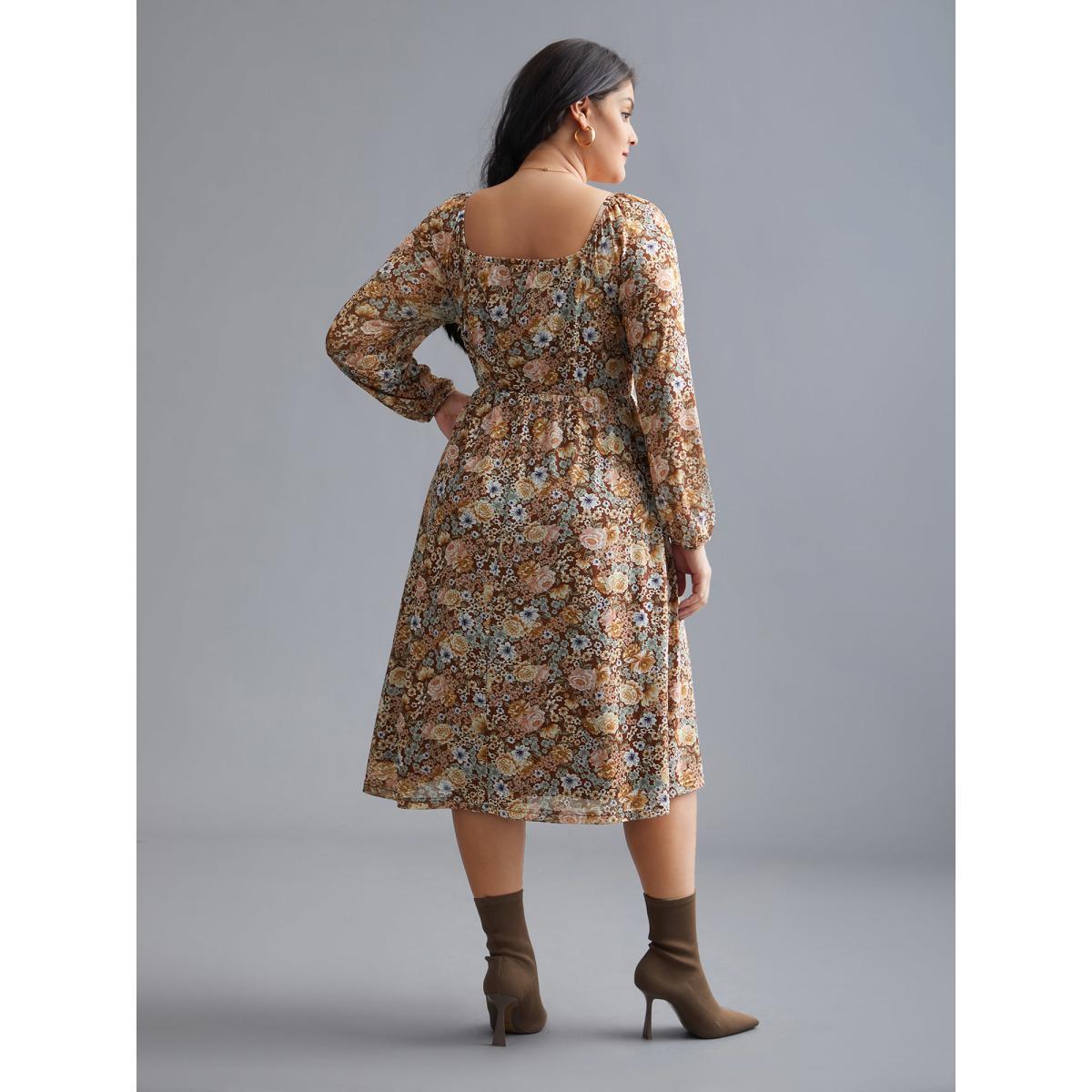 Plus Size Square Neck Floral Ties Midi Dress Browncoffeecolor Women Elegant Tie knot Knit Dresses Bloomchic 12/L Product Image