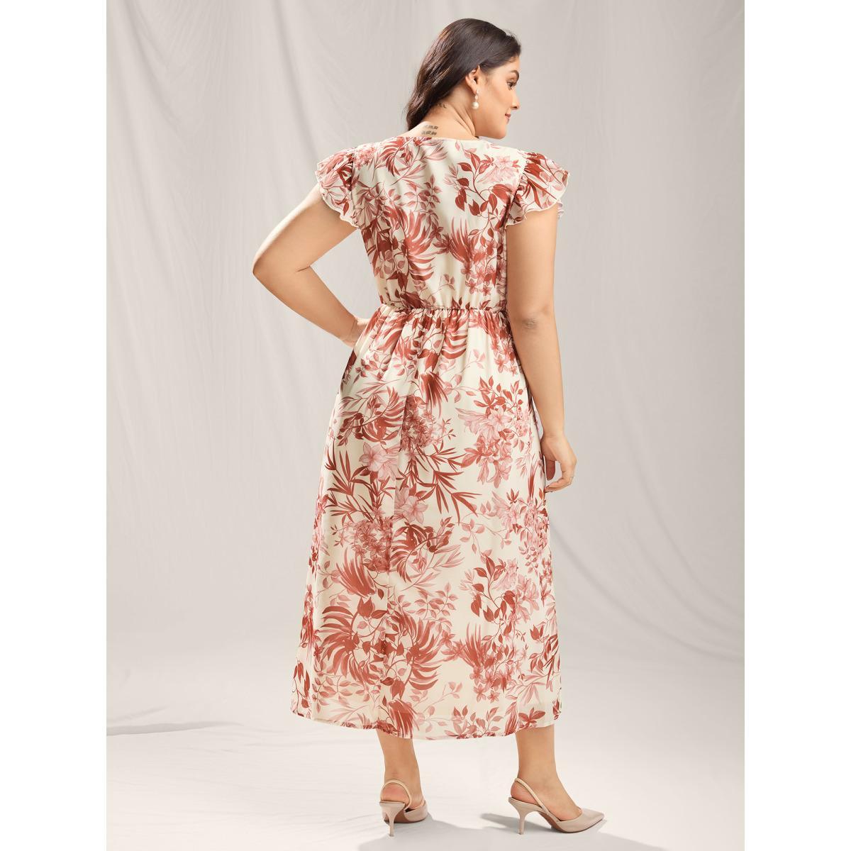 Plus Size Large Flower Print Lace Trim Maxi Dress Beanpastepowder Women V-neck Cap Sleeve Curvy BloomChic 30/6X Product Image
