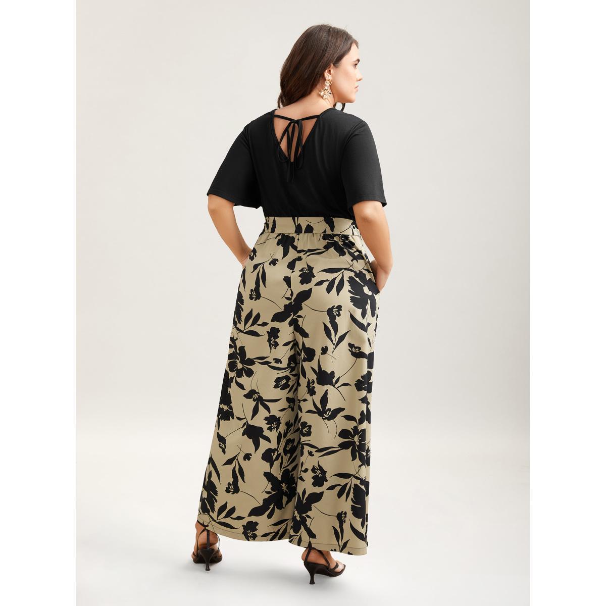 Plus Size Tan Floral Print Spliced Belted Wide-Leg Jumpsuit Women Elegant Short sleeve V-neck Everyday-Elegant Loose Jumpsuits BloomChic 12/L Product Image