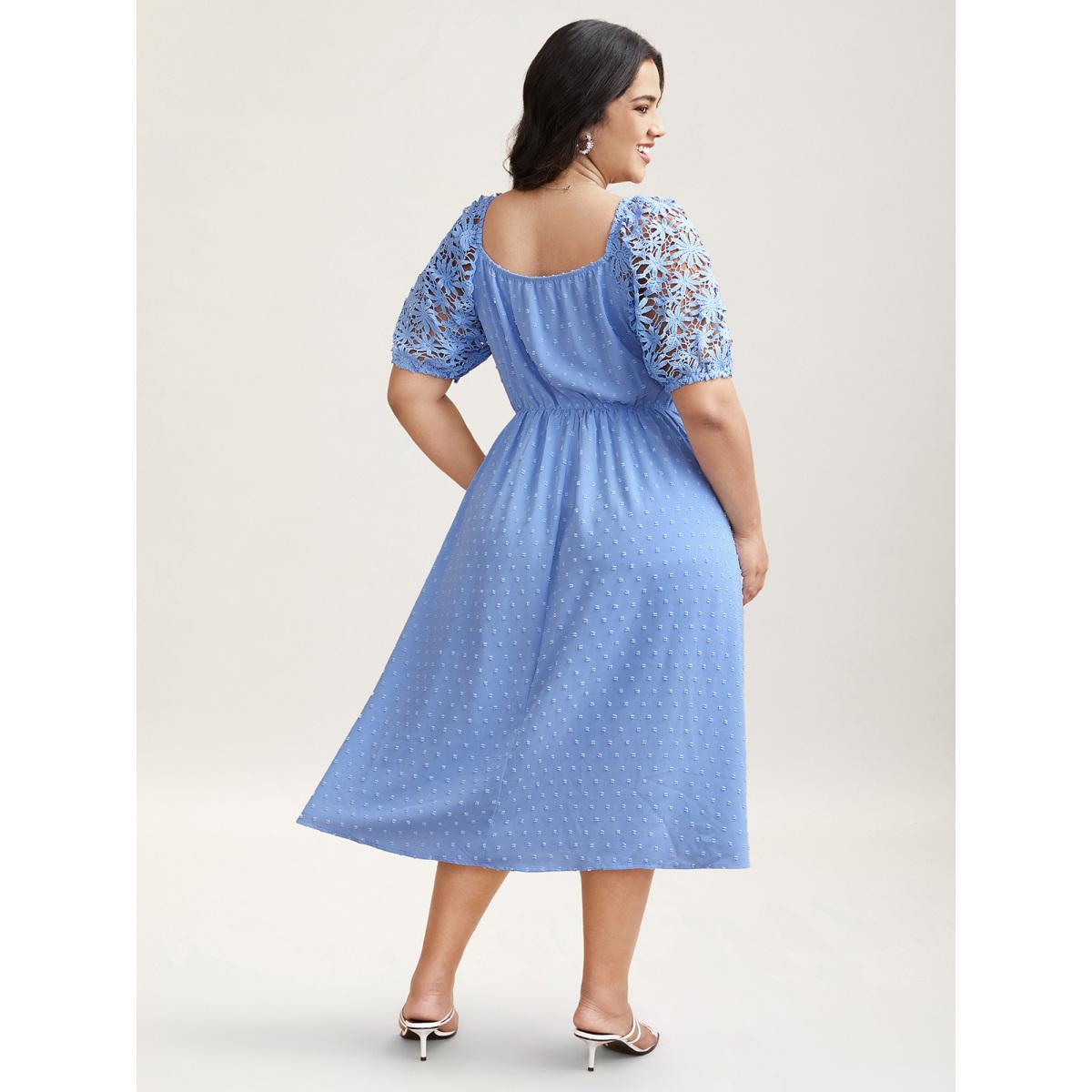 Plus Size Textured Lace Sleeve Stretchy Waist Midi Dress Skyblue Women Elegant Woven ribbon&lace trim Square Neck Short sleeve Curvy BloomChic 22-24/3X Product Image