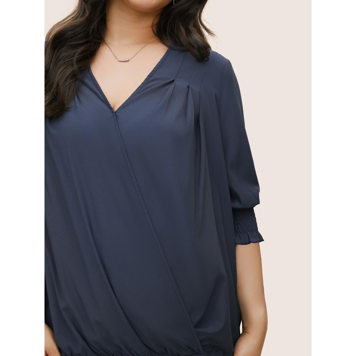 Plus Size Aegean Surplice Neck Shirred Sleeve Pleated Blouse Women Work From Home Half Sleeve Overlap Collar Work Blouses BloomChic 28/5X Product Image