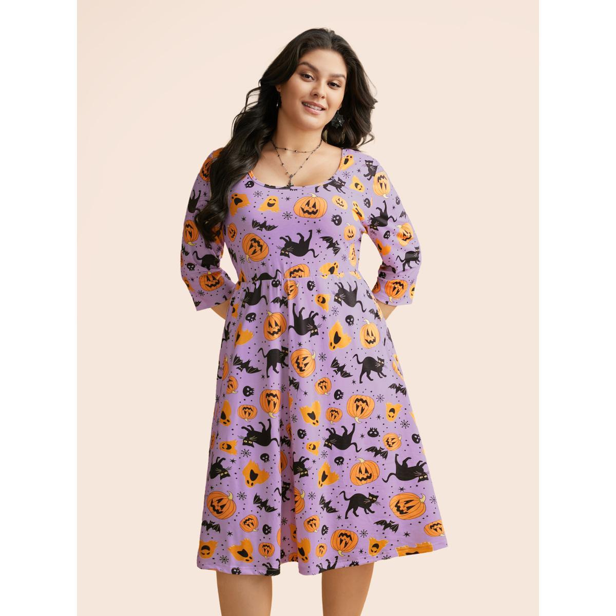 Plus Size Pumpkin Spiced Elastic Waist Printed Midi Dress Lilac Women Cocktail Non Party Curvy Bloomchic 18-20/2X Product Image