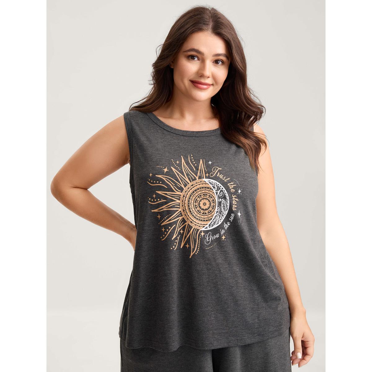Plus Size Star & Moon Print Solid Tank Top Women DimGray Non Round Neck Everyday-Casual Tank Tops Camis BloomChic 10/M Product Image