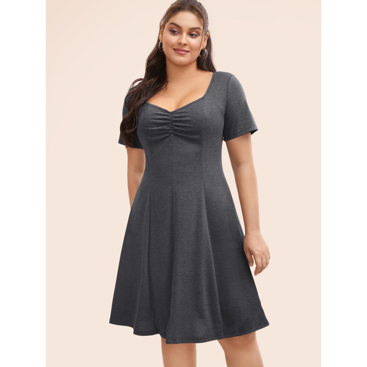 Plus Size Solid Heart Neckline Ruched Dress DarkSlateGray Women Casual Gathered Heart neckline Short sleeve Curvy BloomChic 28/5X Product Image