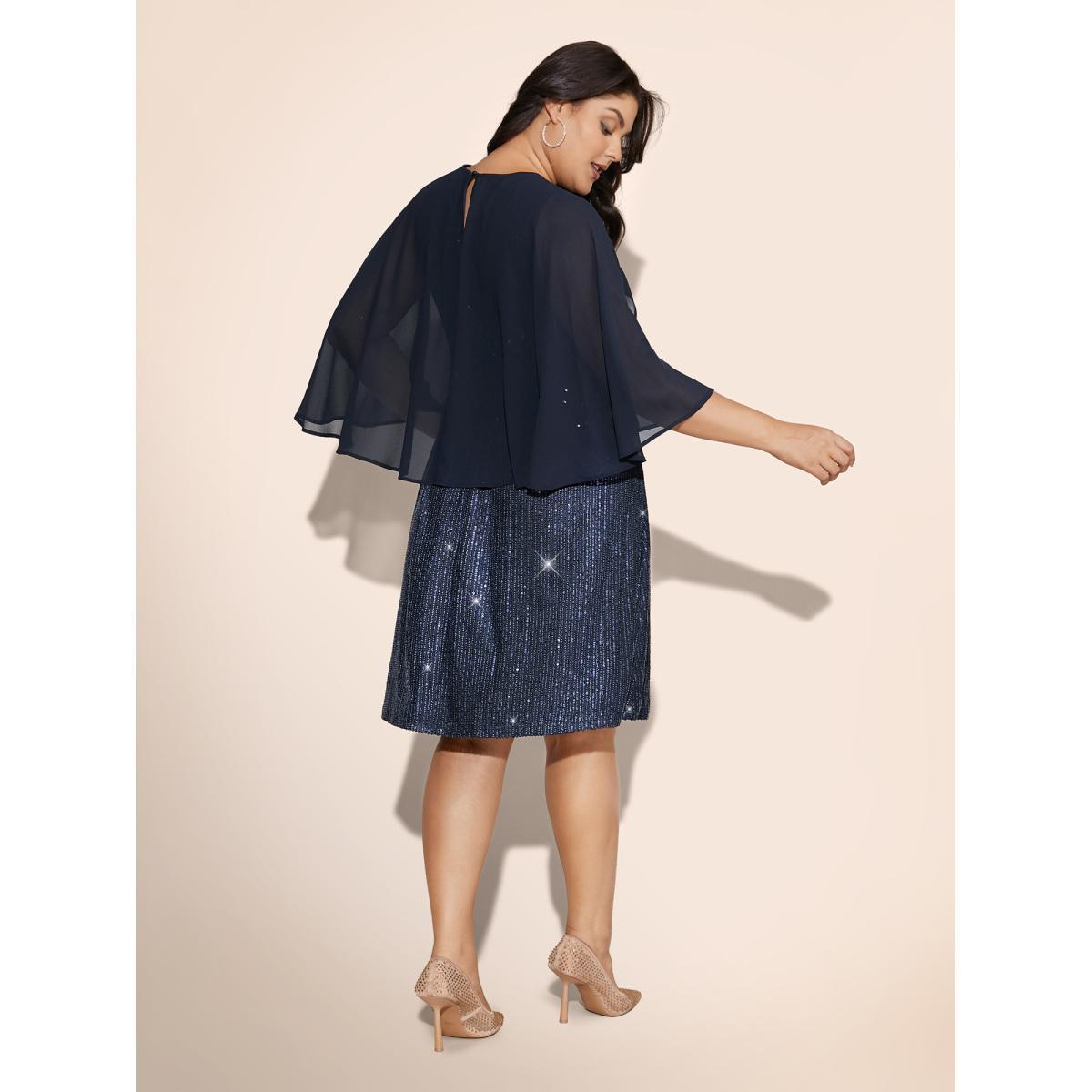 Plus Size Sequin With Mesh Cape Dress Indigo Women Cocktail Texture Party Curvy Bloomchic 10/M Product Image
