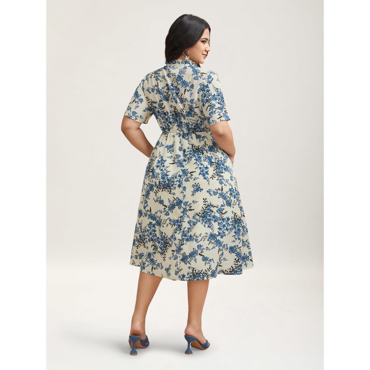 Plus Size In Full Bloom Notched Collar Pockets Midi Dress Skyblue Women Elegant Tie knot Notched collar Short sleeve Curvy BloomChic 18-20/2X Product Image
