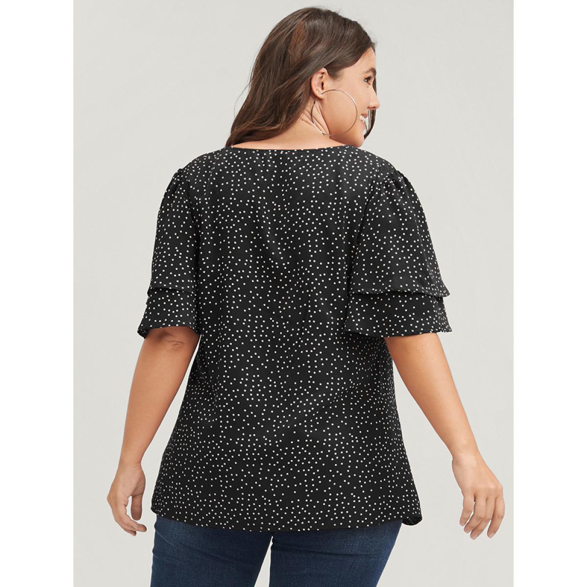 Plus Size Black Polka Dot Ruffle Sleeve Button Front Blouse Women Elegant Short sleeve V-neck Dailywear Blouses BloomChic 12/L Product Image