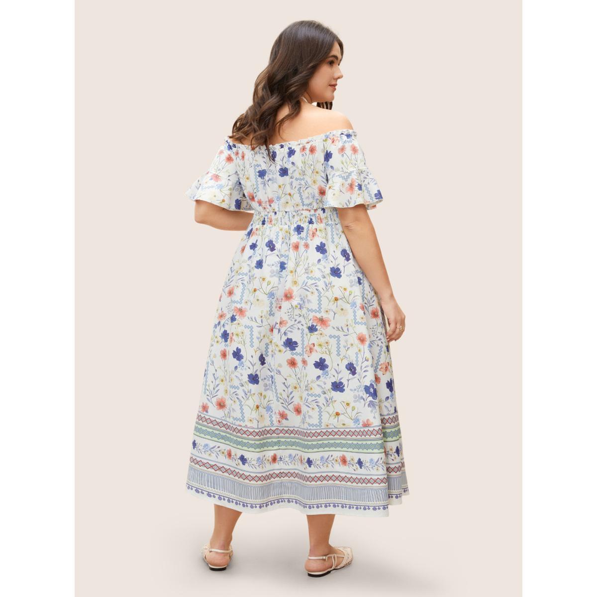 Plus Size Floral One Shoulder Neck Shirred Tassel Dress White Women Resort Tie knot One-shoulder neck Short sleeve Curvy BloomChic 26/4X Product Image