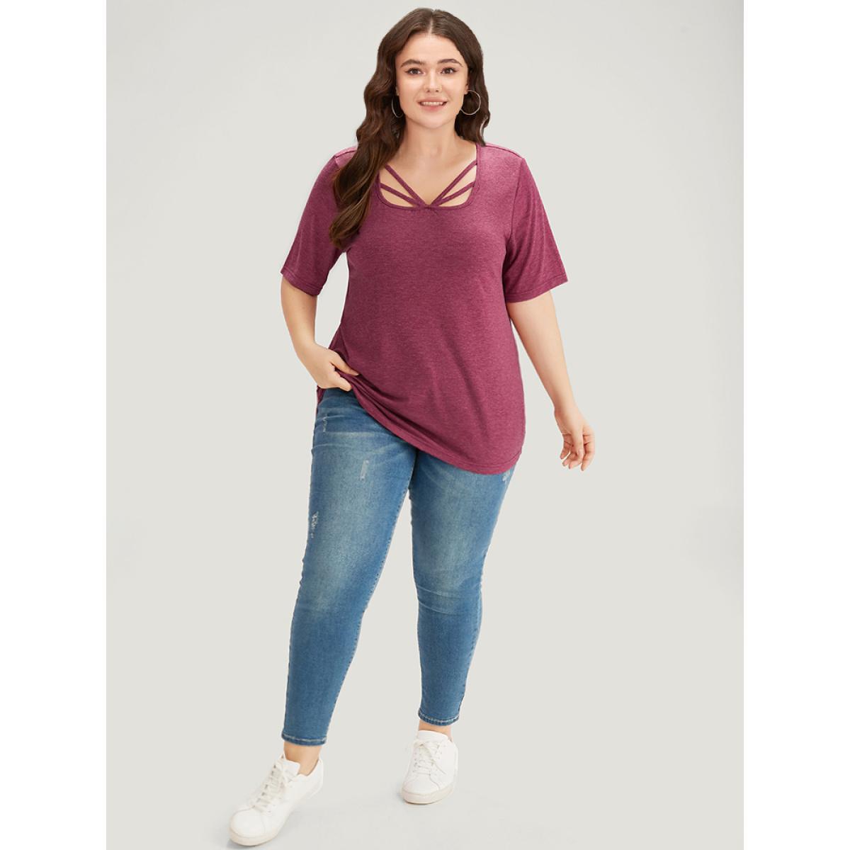 Plus Size Plain Heather Crisscross Square Neck T-shirt Burgundy Women Casual Plain Plain Square Neck Dailywear T-shirts BloomChic 10/M Product Image