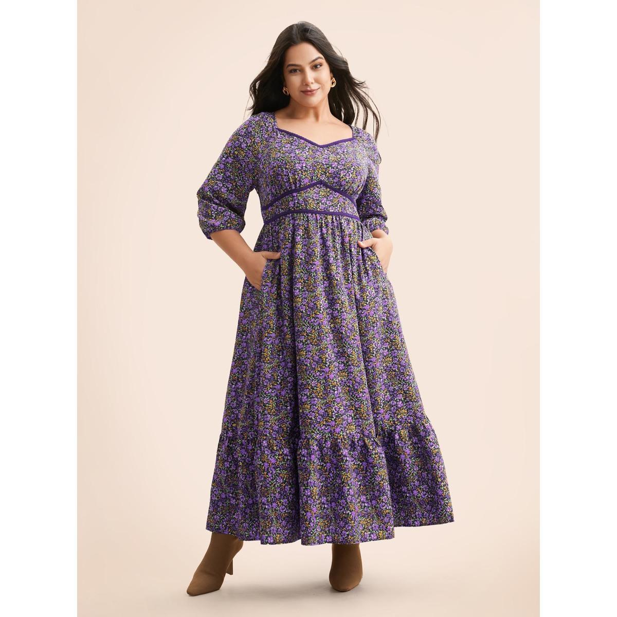 Plus Size Ditsy Floral Woven Ribbon Maxi Dress Deeppurple Women Elegant Woven ribbon&lace trim Heart neckline Elbow-length sleeve Curvy BloomChic 18-20/2X Product Image