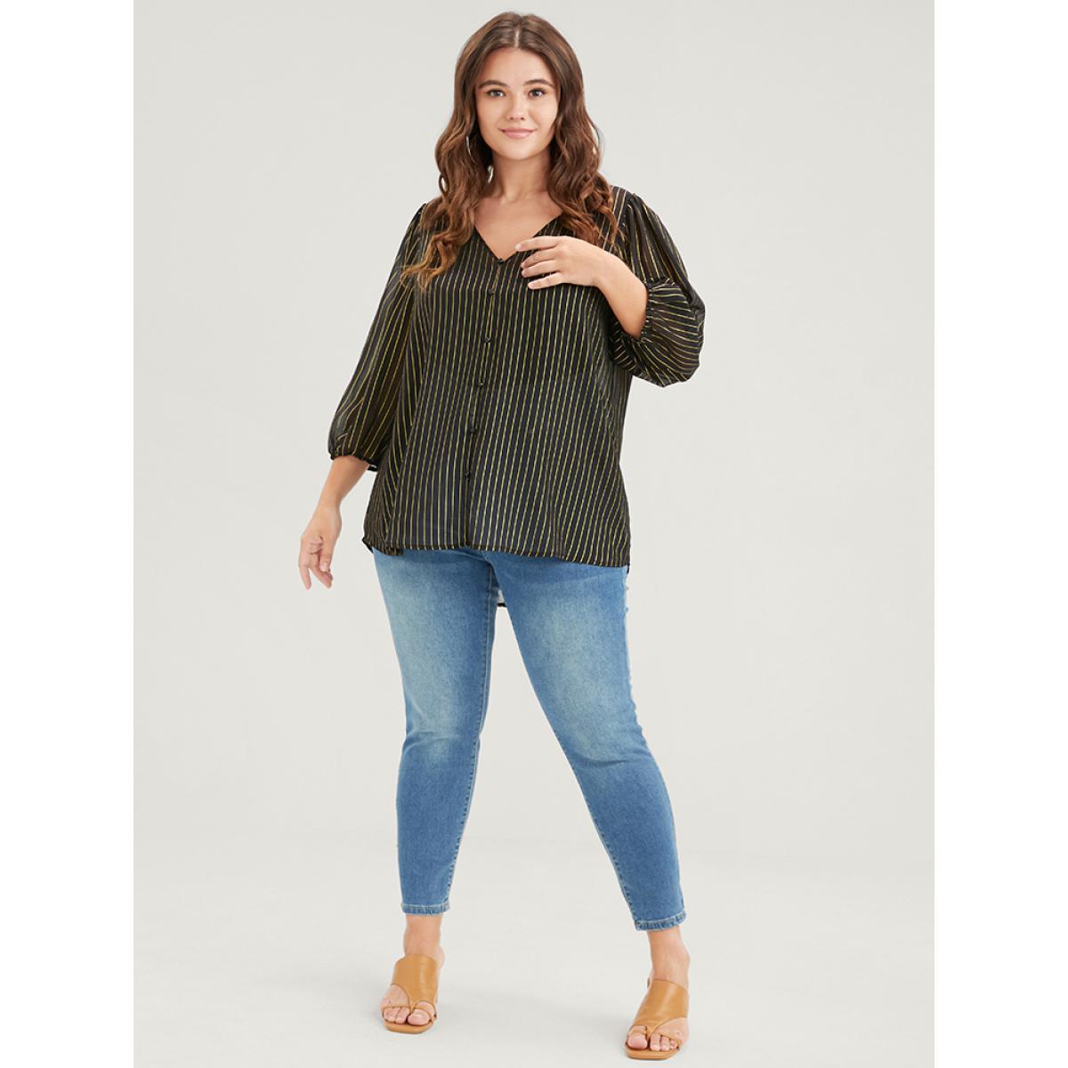Plus Size Black Striped Mesh Lantern Sleeve V Neck Blouse Women Elegant Elbow-length sleeve V-neck Dailywear Blouses BloomChic 30/6X Product Image