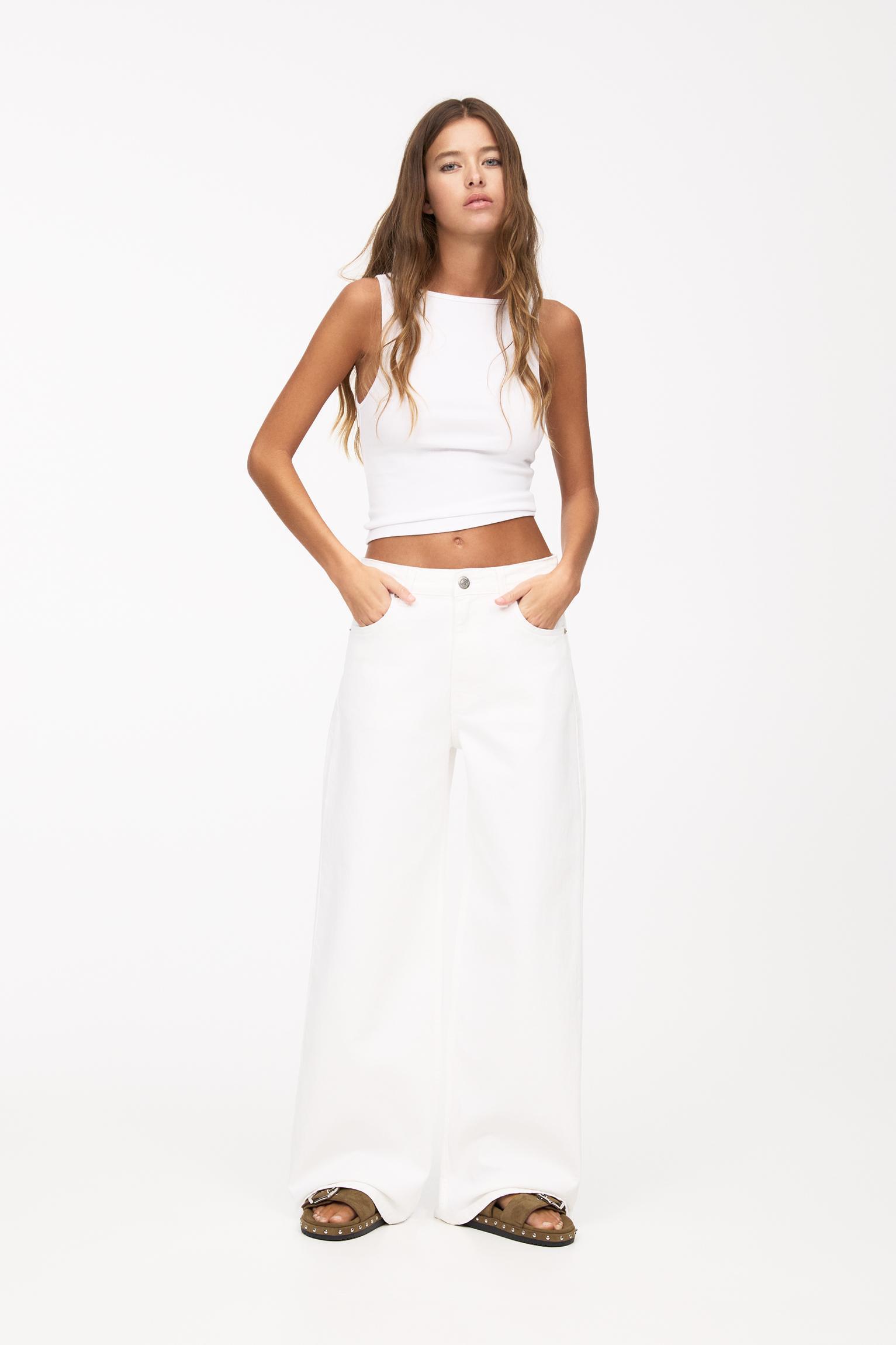 White mid-rise baggy jeans Product Image