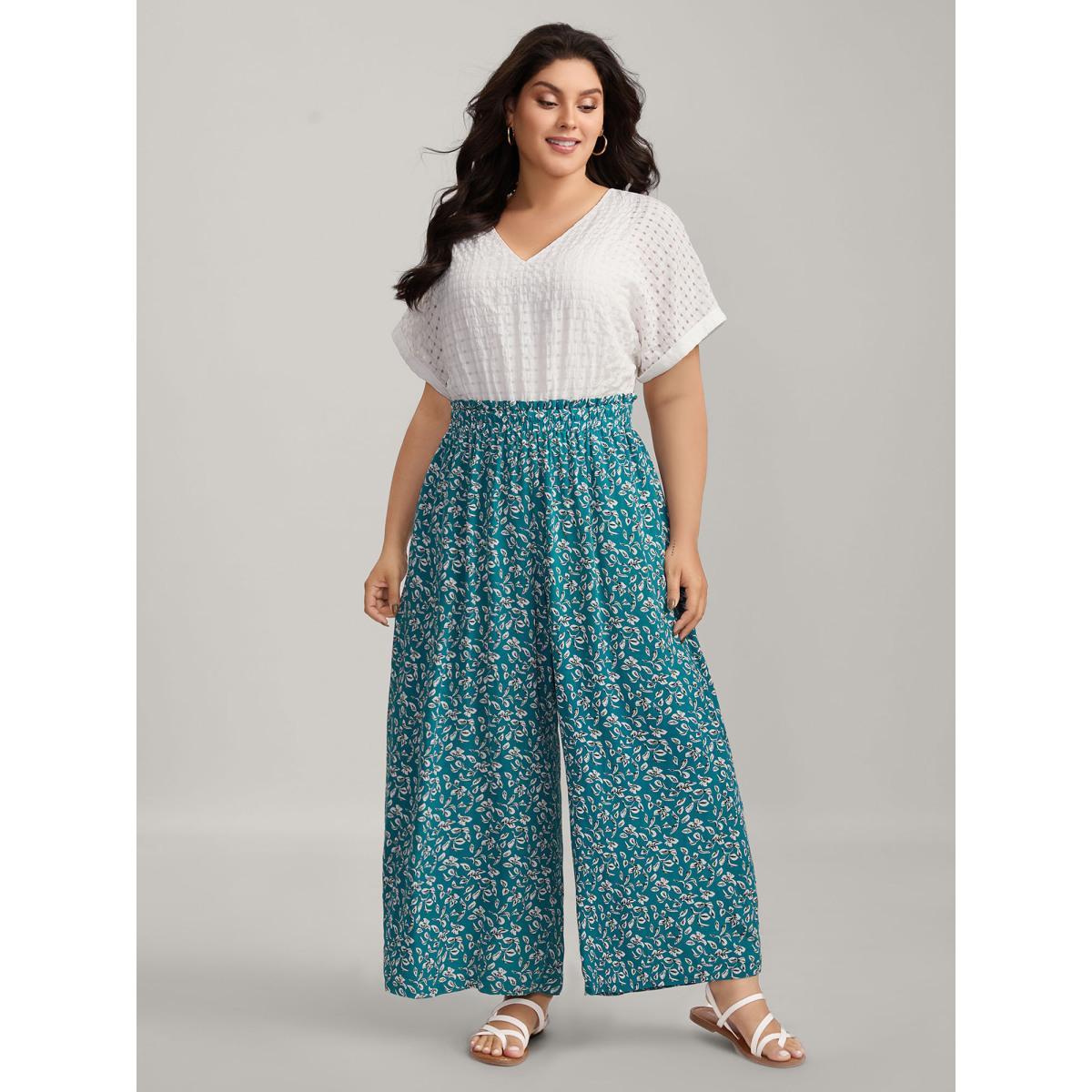 Plus Size Cerulean Floral Color Contrast Shirred Jumpsuit Women Cap Sleeve V-neck Everyday-Casual Loose Jumpsuits BloomChic 18-20/2X Product Image