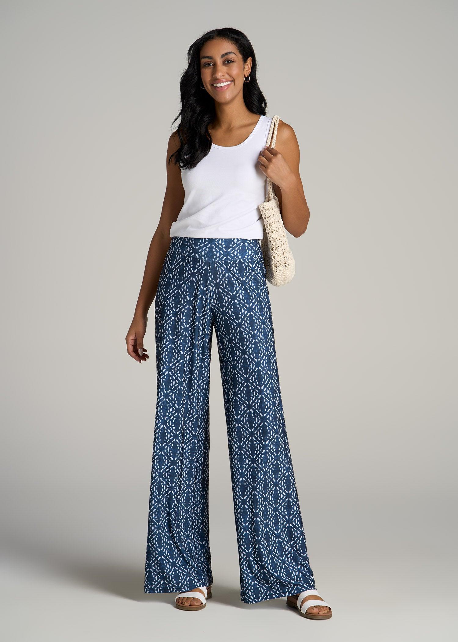 Pull On Breezy Wide Leg Pants for Tall Women in Indigo Tribal Print Product Image