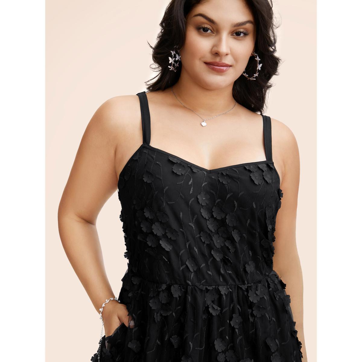 Plus Size Texture Floral See Through Cami Dress Black Women Formal Texture Heart neckline Sleeveless Curvy BloomChic 22-24/3X Product Image