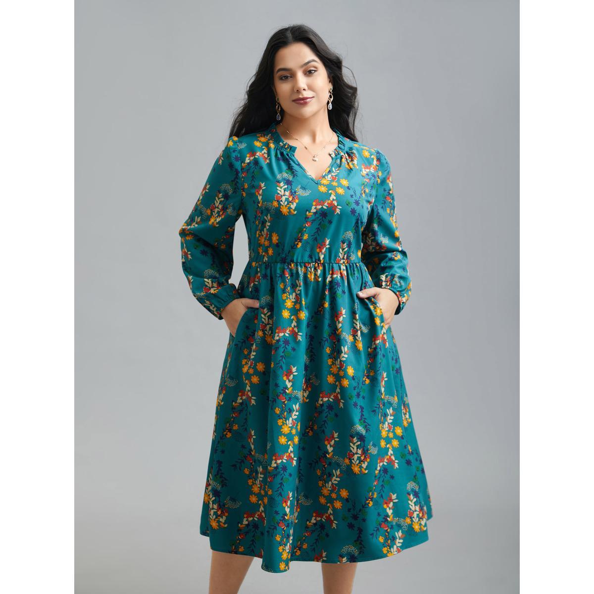 Plus Size Floral Print Ruffled Notched Collar Midi Dress Aegean Women Elegant Gathered Notched collar Long Sleeve Curvy BloomChic 12/L Product Image