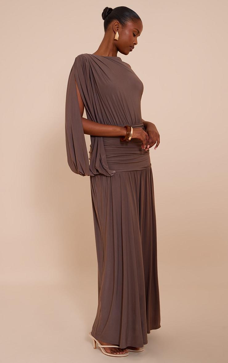 Mushroom Double Layer Slinky Ruched One Shoulder Maxi Dress Product Image