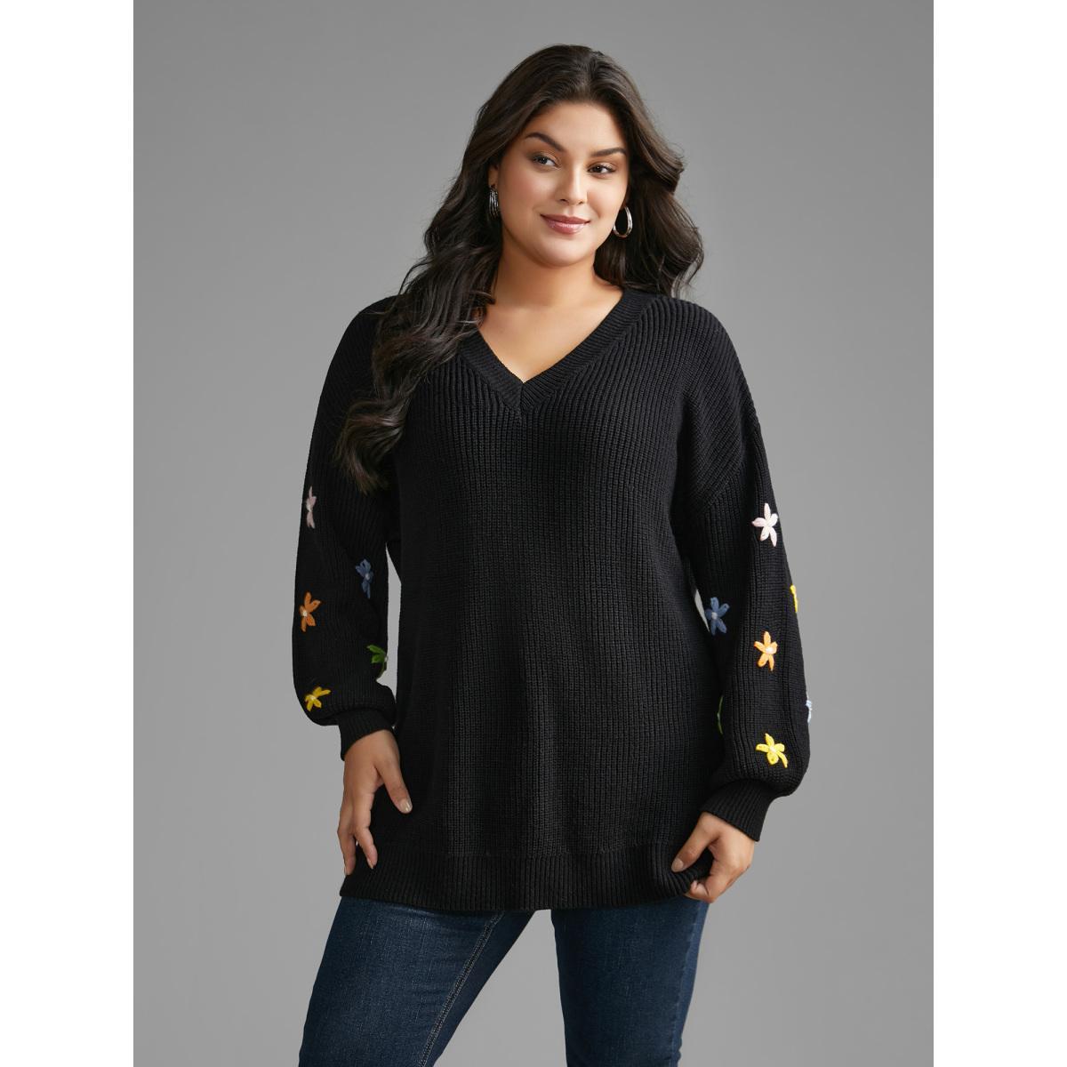 Plus Size V Neck Crochet Floral Drop Shoulder Pullover Black Women Casual Loose Long Sleeve V-neck Everyday Pullovers BloomChic 22-24/3X Product Image