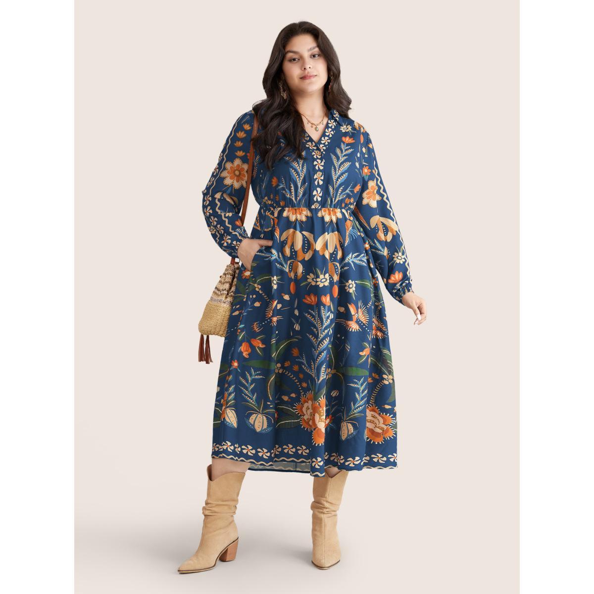 Plus Size Bandana Print Pocket Lapel Collar Elastic Cuffs Dress Blue Women Resort Non V-neck Long Sleeve Curvy Midi Dress BloomChic 30/6X Product Image