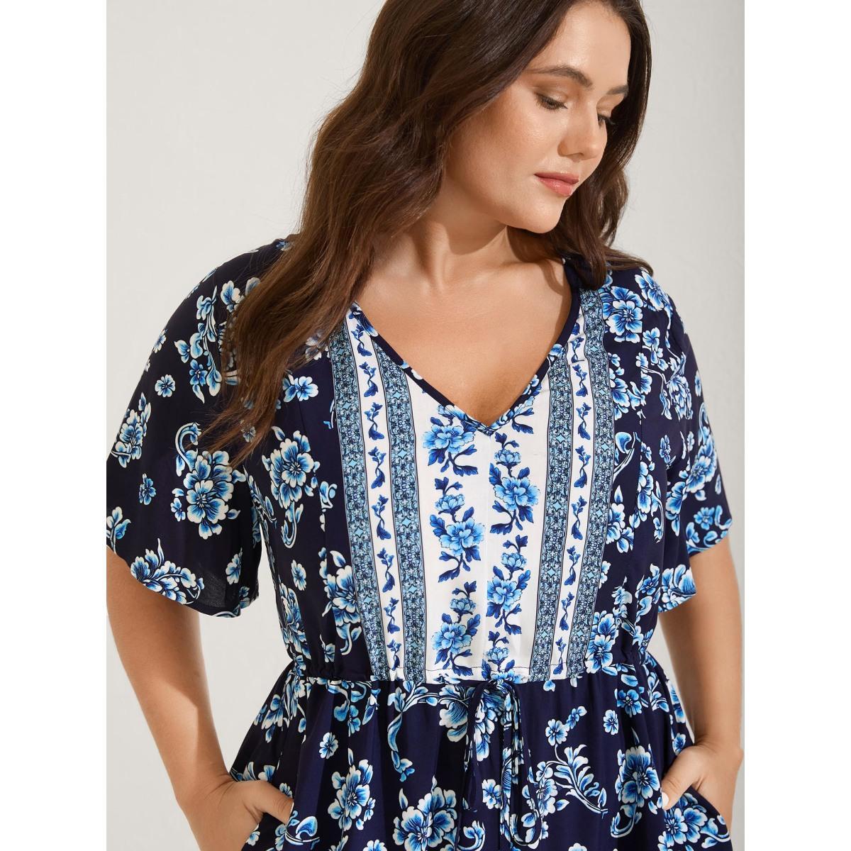 Plus Size Rayon Stretchy Waist Lace Midi Dress BlackFlower Women V-neck Short sleeve Curvy BloomChic 30/6X Product Image