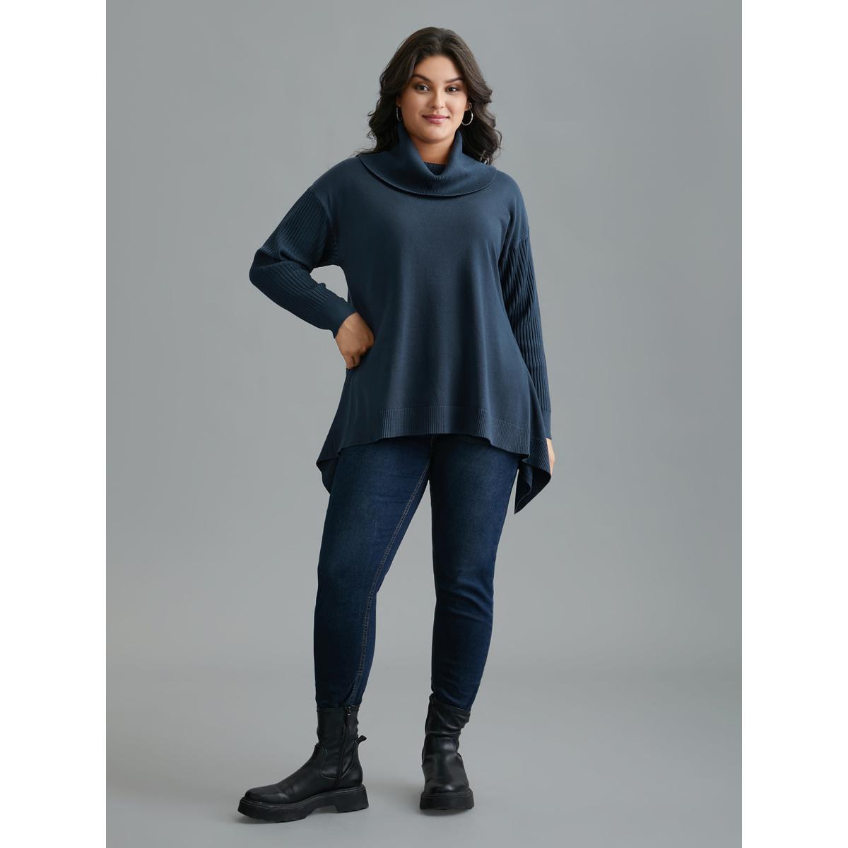 Plus Size Supersoft Essentials Textured Drop Shoulder Turtleneck Pullover Indigo Women Casual Loose Long Sleeve Turtleneck Everyday Pullovers BloomChic 10/M Product Image
