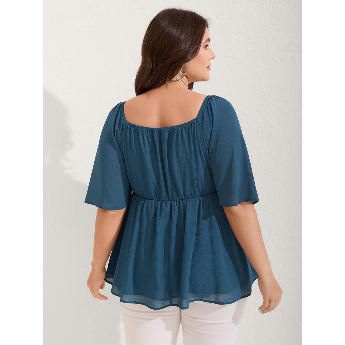 Plus Size Aegean Shirred Ruffled Sleeve Color Contrast Blouse Women Half Sleeve Square Neck Vacation Blouses BloomChic 26/4X Product Image