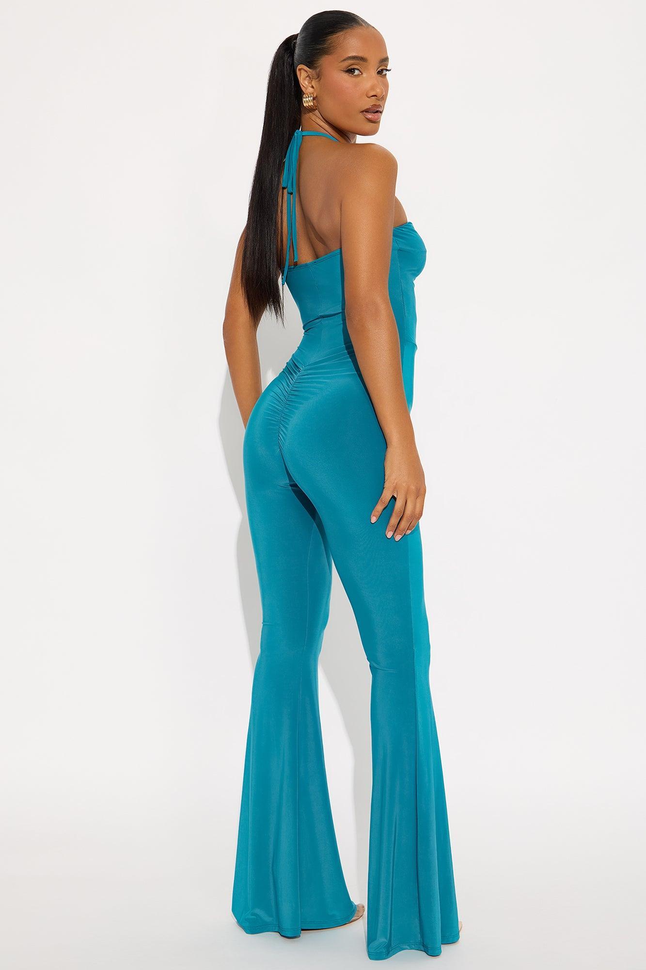 Mya Ruched Halter Flare Leg Jumpsuit - Teal Product Image