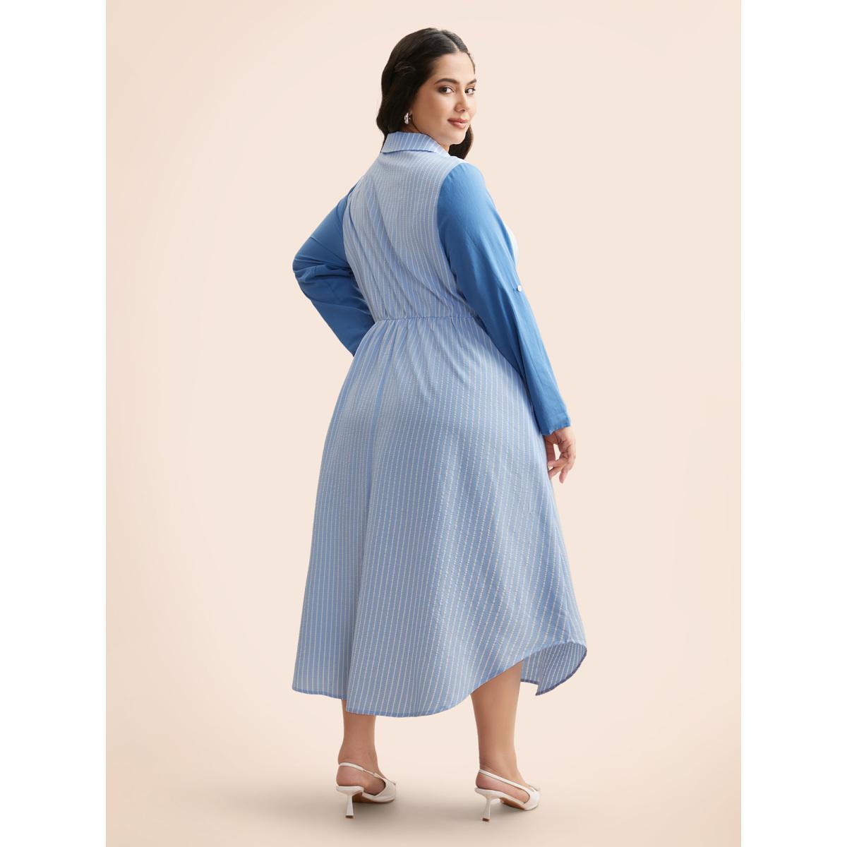 Plus Size Striped Patchwork Contrast Tab Sleeve Dress Skyblue Women Work From Home Patchwork Shirt collar Long Sleeve Curvy BloomChic 10/M Product Image