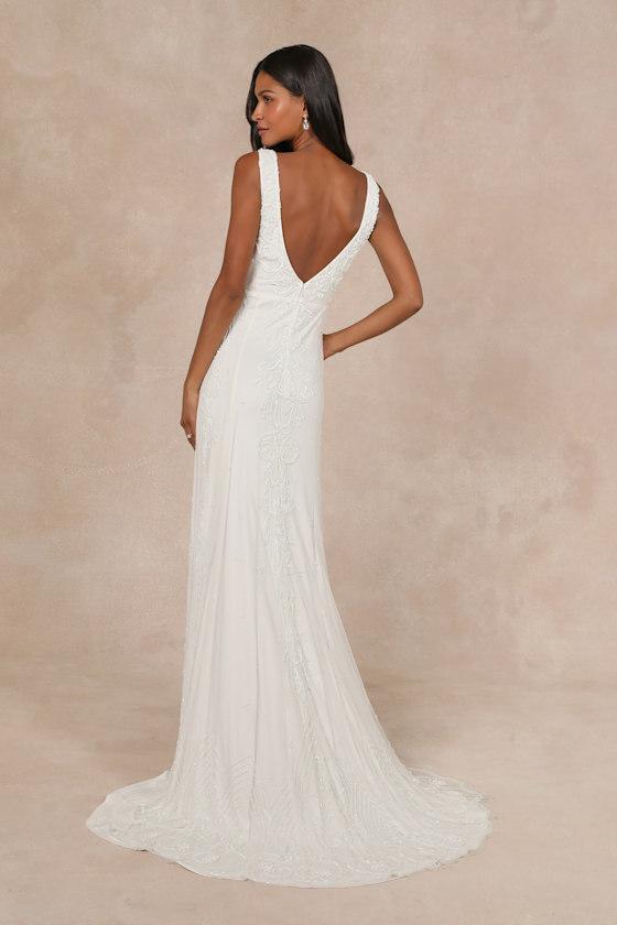 Passionate Romance White Beaded Sequin Mermaid Maxi Dress Product Image