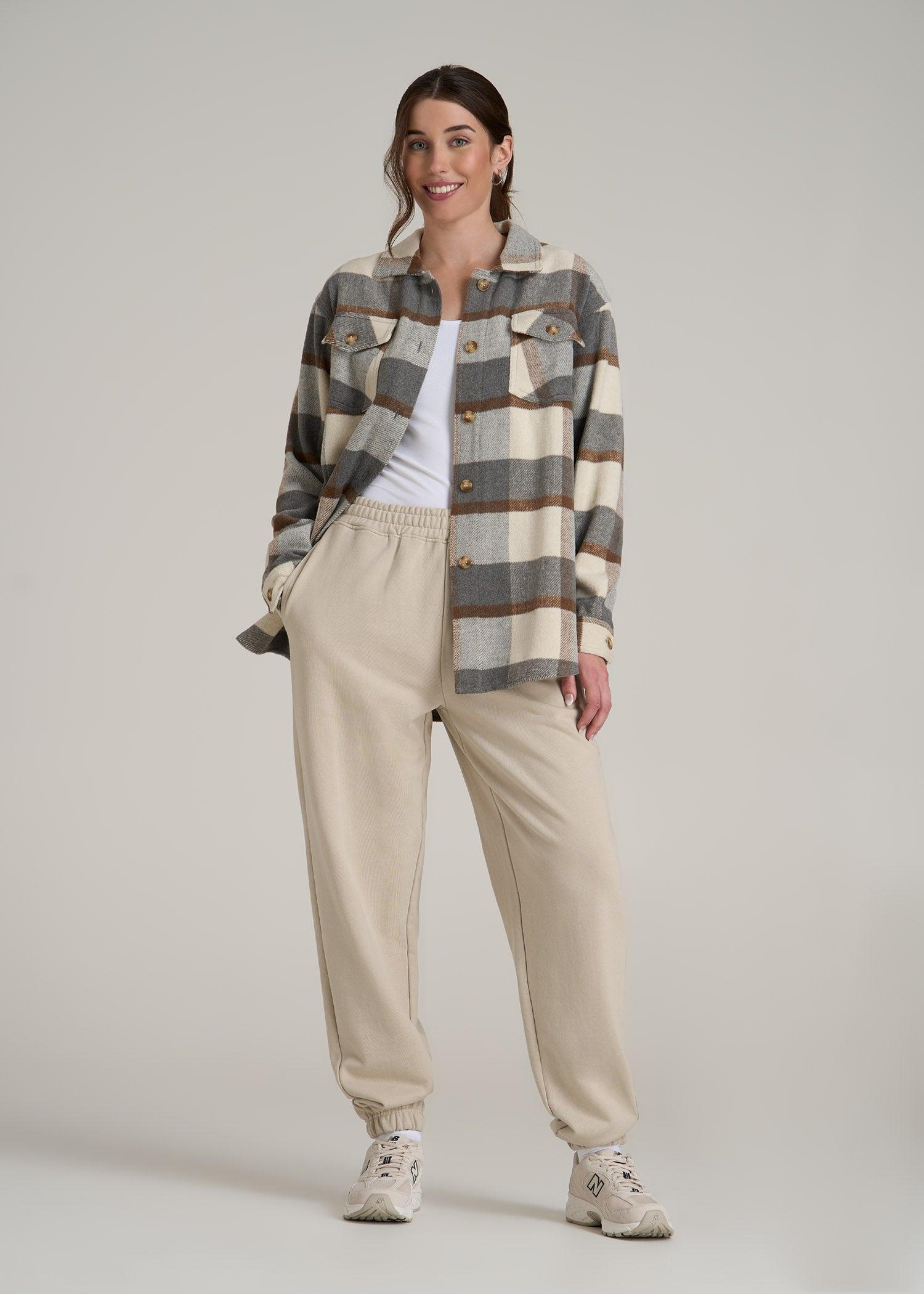Flannel Women's Tall Shacket in Grey and Cream Plaid Product Image