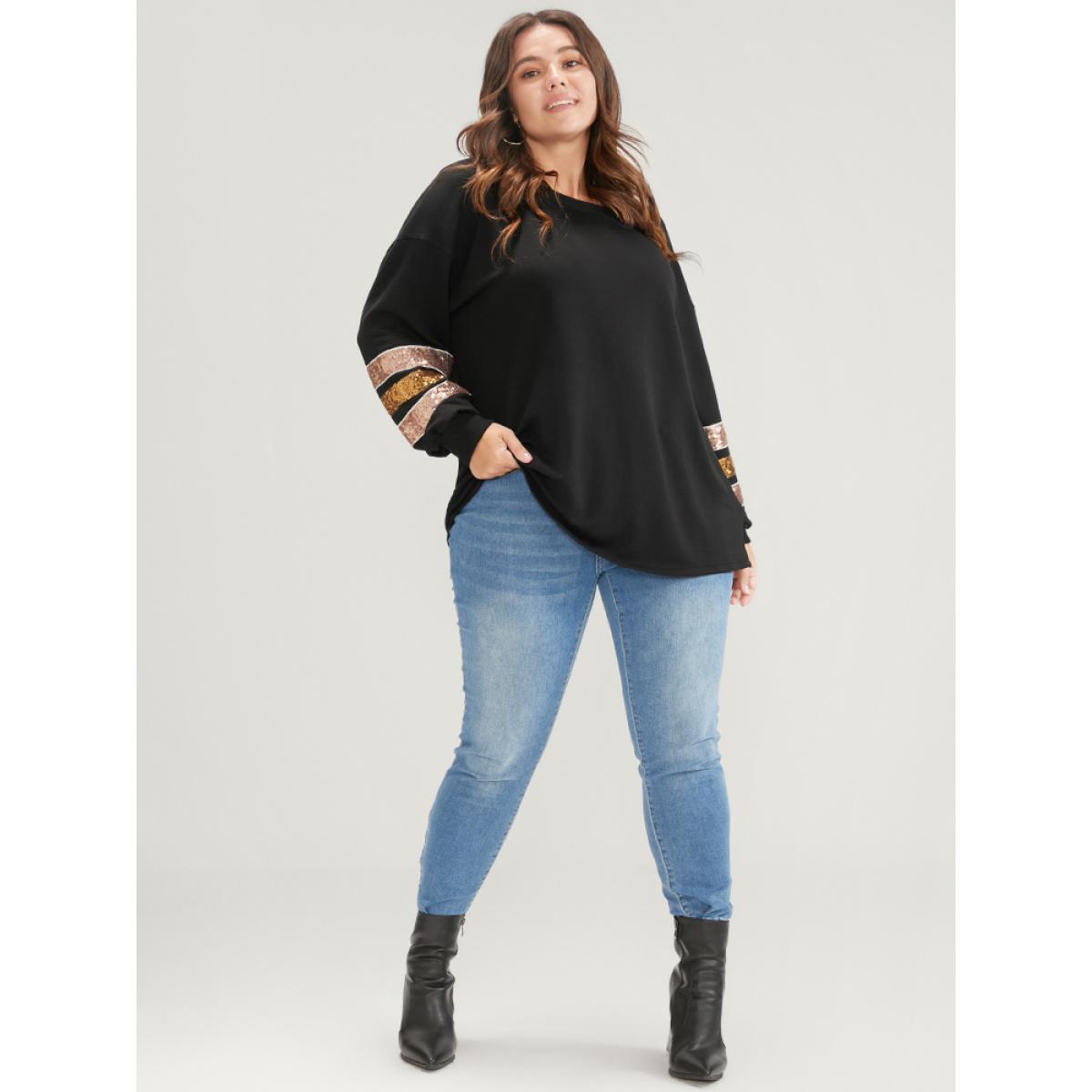 Plus Size Solid Contrast Patchwork Drop Shoulder Sweatshirt Women Black Casual Patchwork Round Neck Dailywear Sweatshirts BloomChic 10/M Product Image