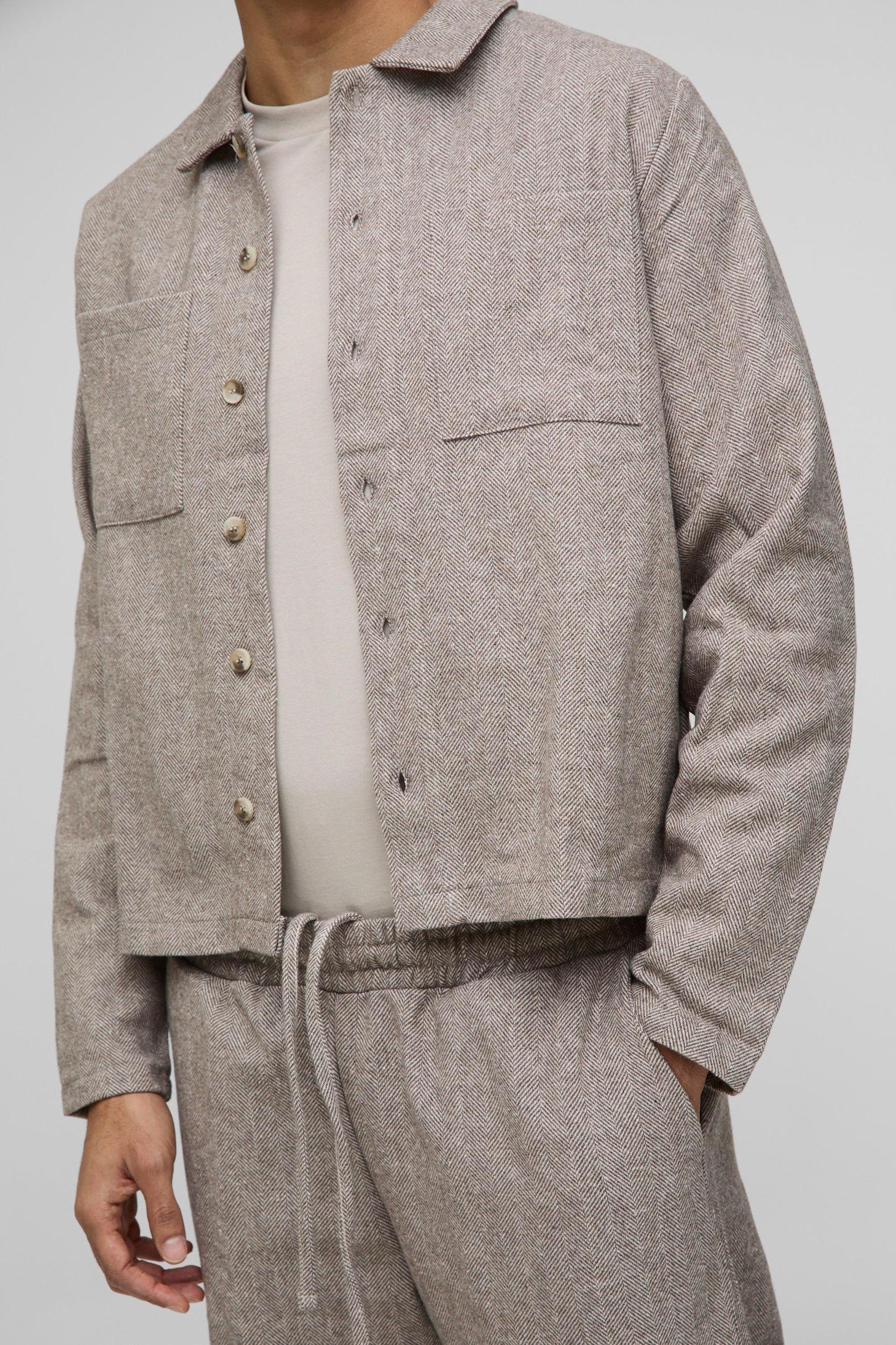 Boxy Fit Herringbone Cargo Pocket Harrington | boohooMAN USA Product Image