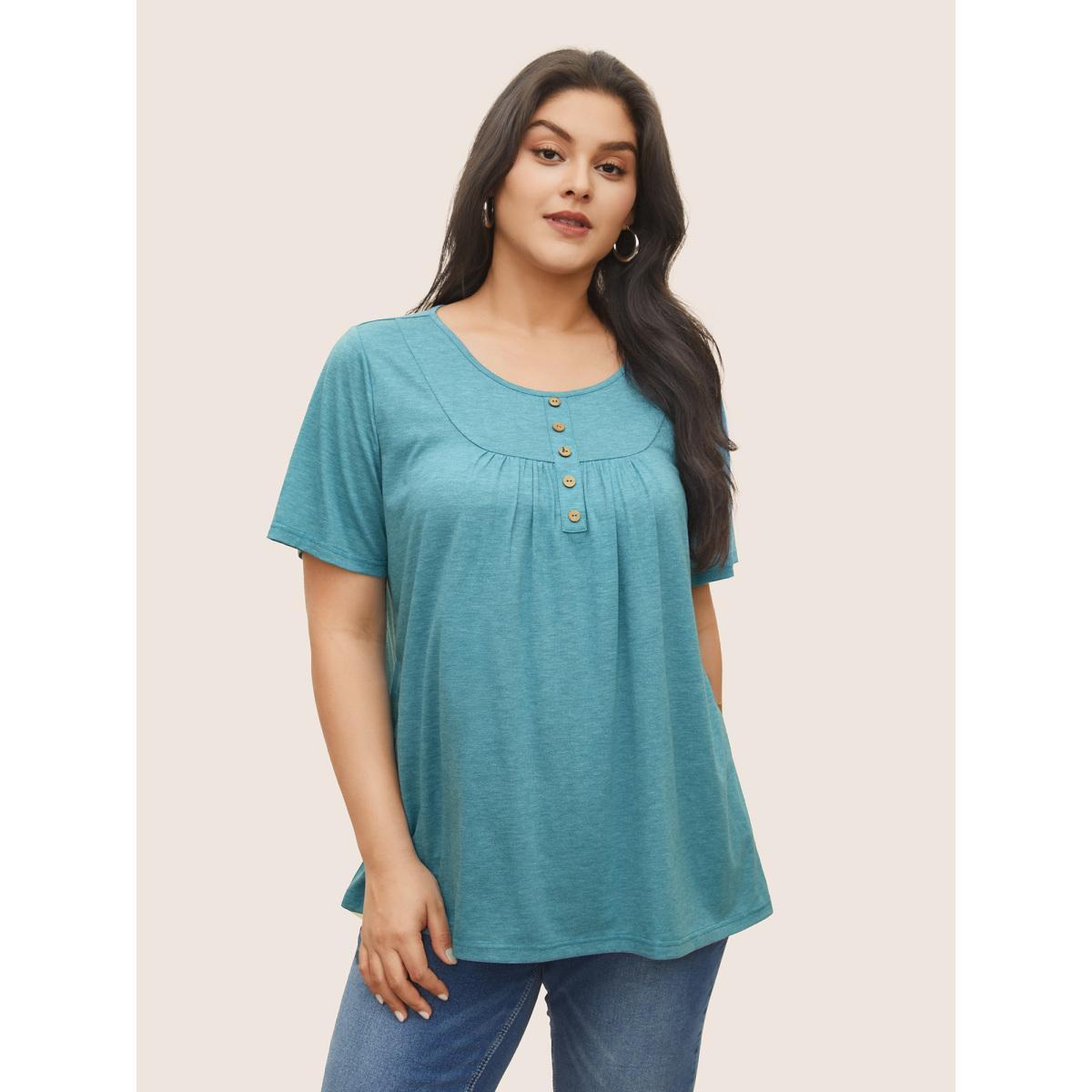 Plus Size Solid Heather Button Detail Gathered T-shirt Turquoise Women Casual Button Plain U-neck Everyday T-shirts BloomChic 26/4X Product Image