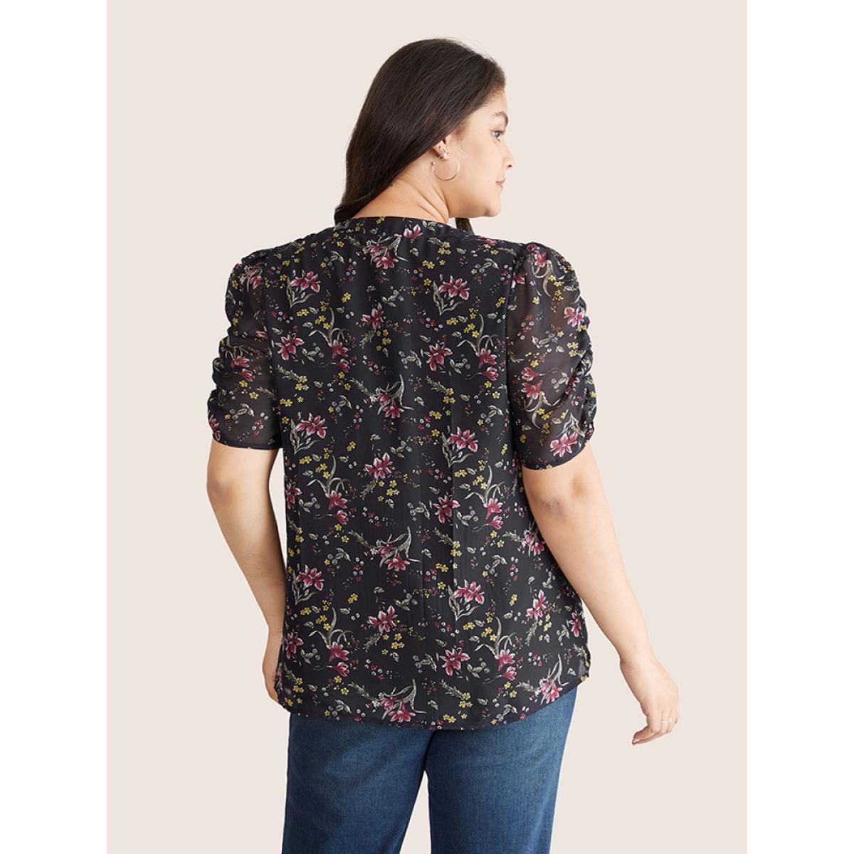 Plus Size BlackFlower Chiffon Ditsy Floral Puff Sleeve Gathered Blouse Women Elegant Short sleeve V-neck Everyday Blouses BloomChic 18-20/2X Product Image