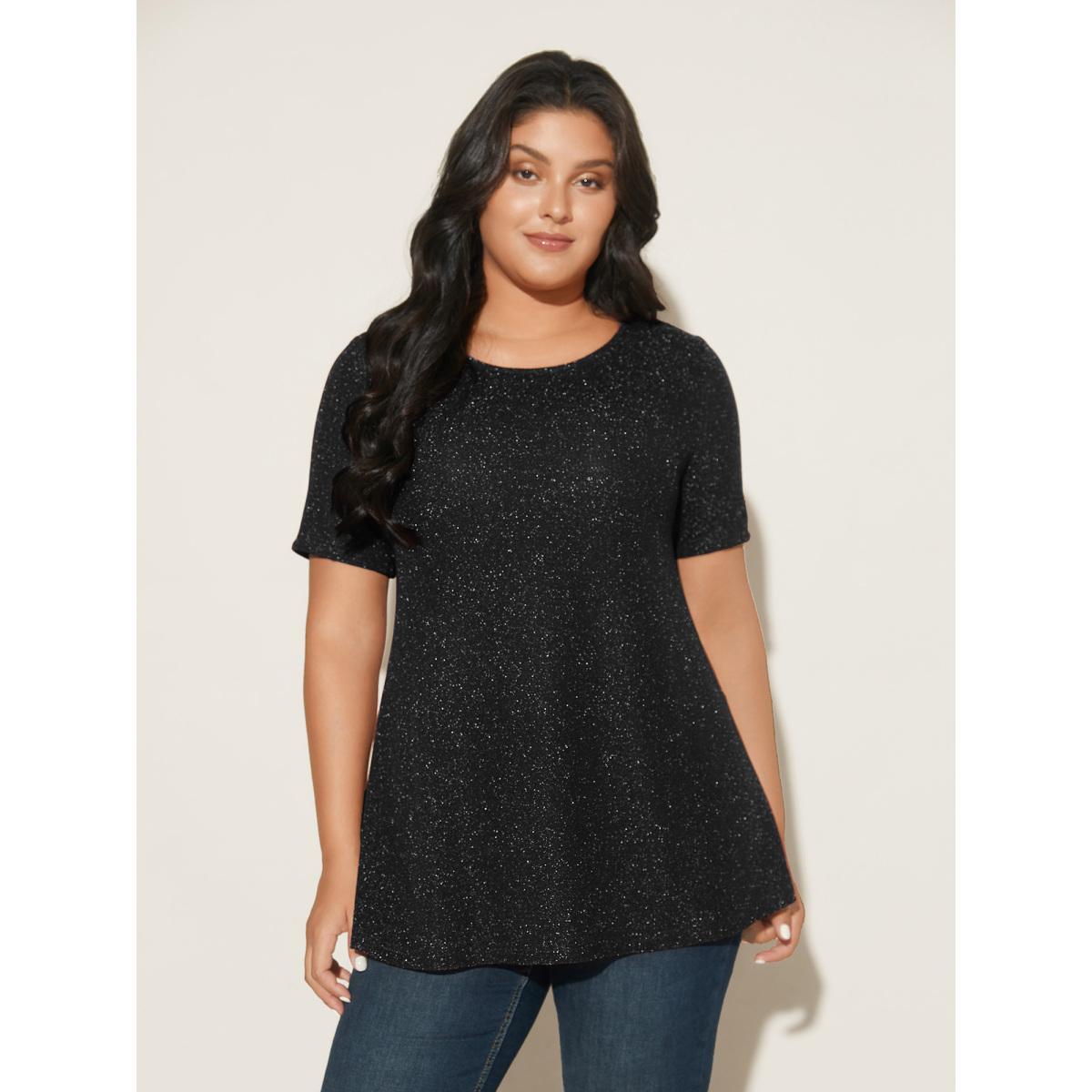 Plus Size Shimmering Gold & Silver Thread A-Line Tee Black Women Casual Non Round Neck Loose Everyday T-shirts BloomChic 10/M Product Image