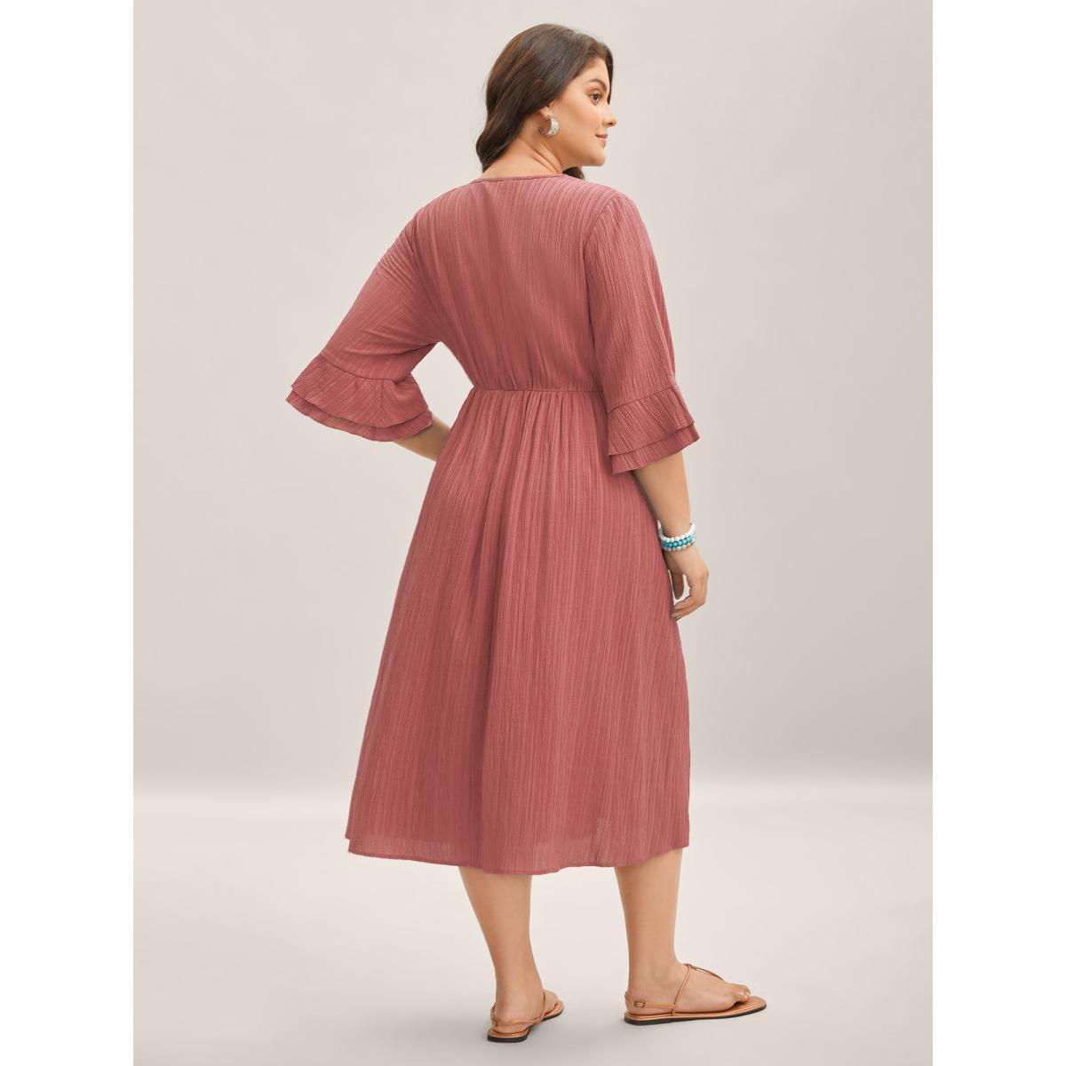 Plus Size Scalloped Lace Surplice Ruffled Midi Dress Blush Women Overlap Collar Elbow-length sleeve Curvy BloomChic 10/M Product Image