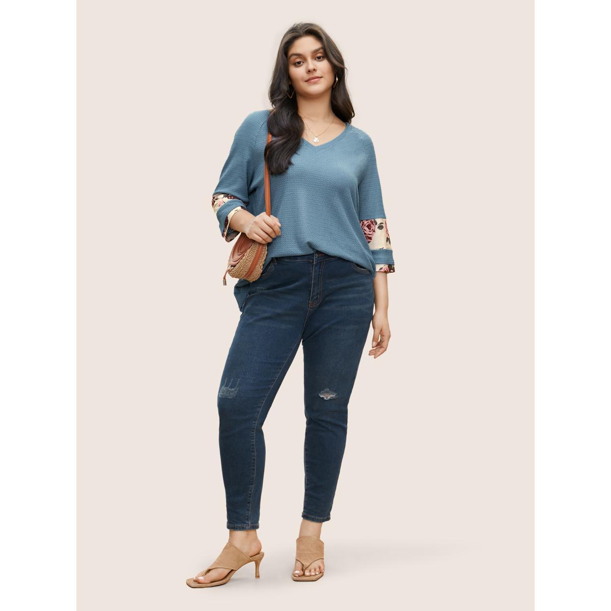 Plus Size Textured Patchwork Floral Raglan Sleeve T-shirt Stone Women Resort Texture Floral V-neck Vacation T-shirts BloomChic 18-20/2X Product Image