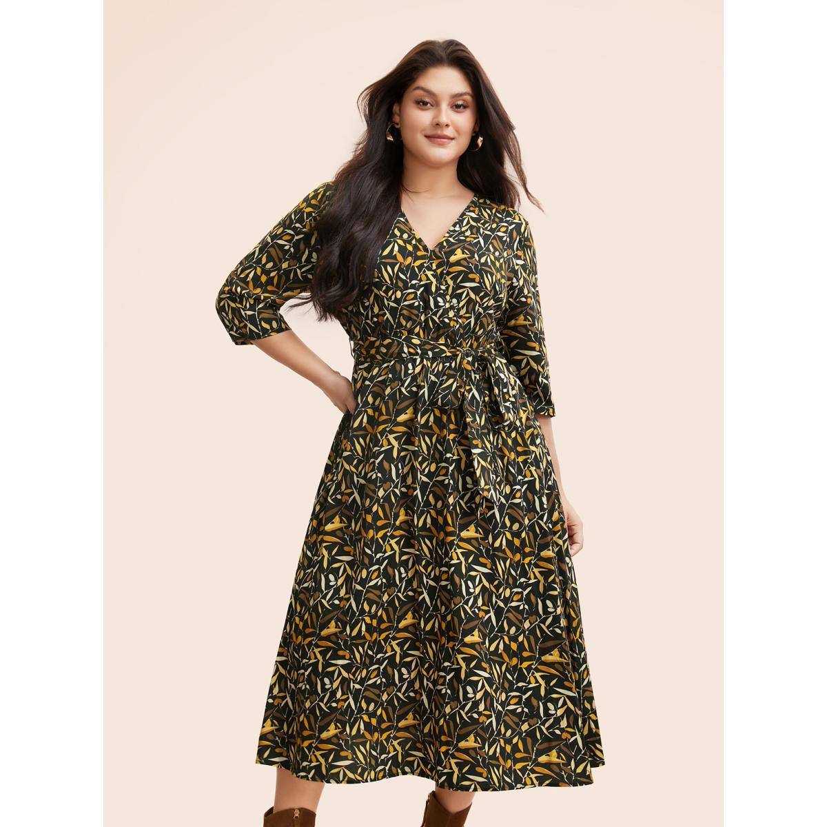 Plus Size Plants Print Overlap Collar Midi Dress Black Women Elegant Belted Overlap Collar Elbow-length sleeve Curvy BloomChic 26/4X Product Image