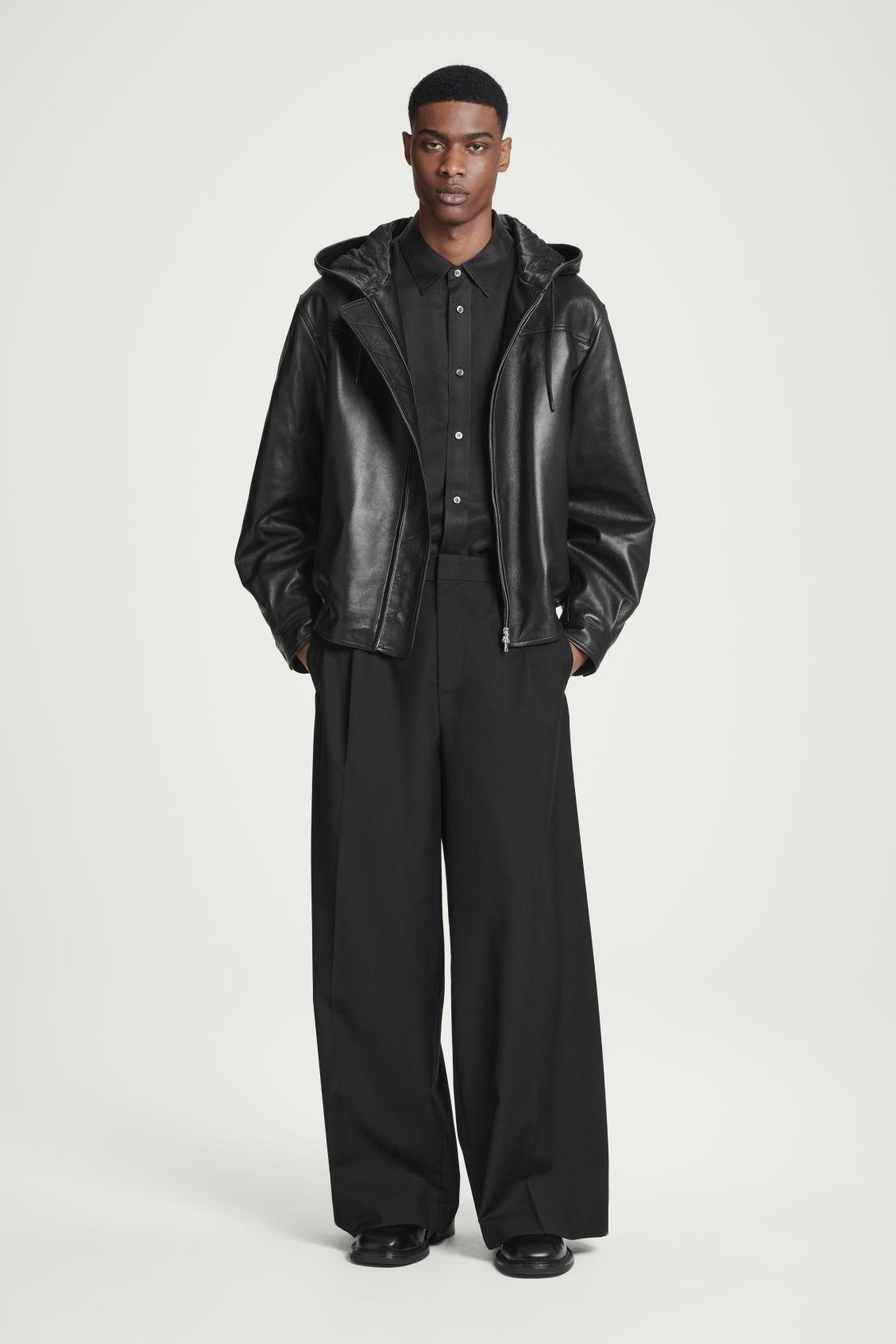 HOODED LEATHER BOMBER JACKET Product Image