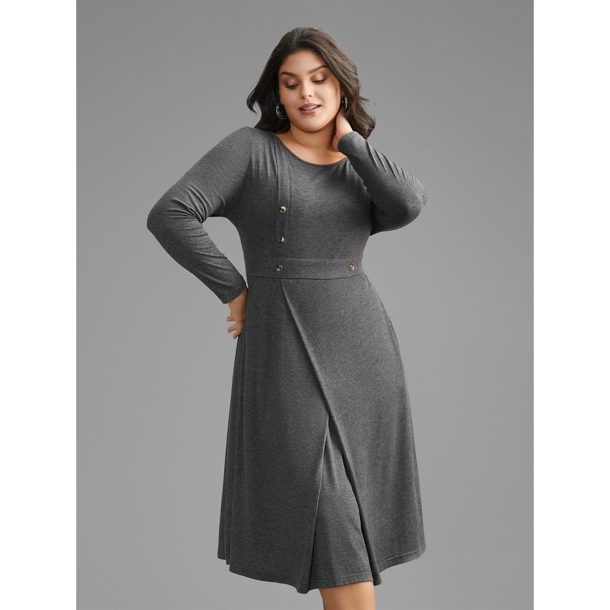 Plus Size Solid Button Detail Wrap Hem Knit Dress DarkGray Women Casual Overlapping Knit Dresses Bloomchic 18-20/2X Product Image