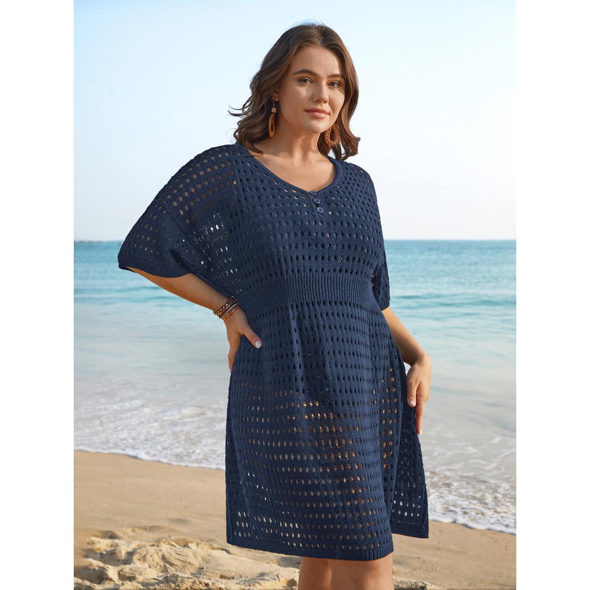 Plus Size Cut-Out Waist-Cinched Button Swim Cover-Up Women's Swimwear ArmyGreen Beach Loose Cut-Out Curve Swim Cover Ups BloomChic 30/6X Product Image