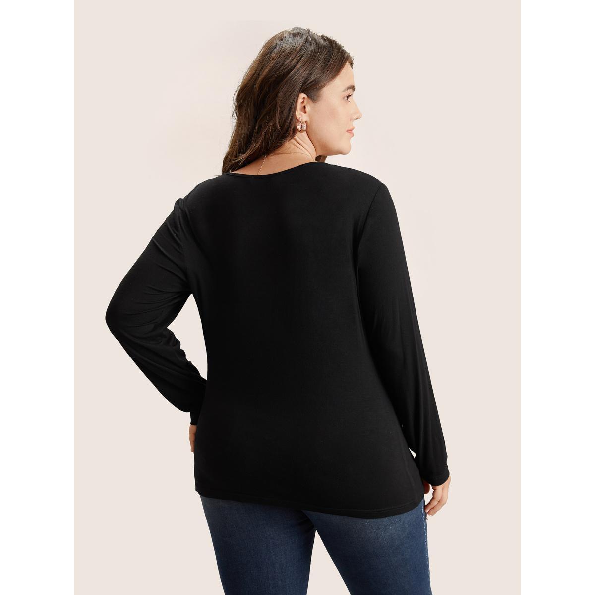 Plus Size Solid Asymmetrical Neck Knit T-shirt Black Women Elegant Non Plain Asymmetrical Neck Everyday T-shirts BloomChic 30/6X Product Image